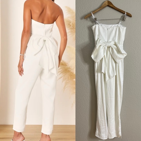 NWOT Beloved Bliss Ivory Strapless Slim Leg Bow Jumpsuit - Picture 3 of 7